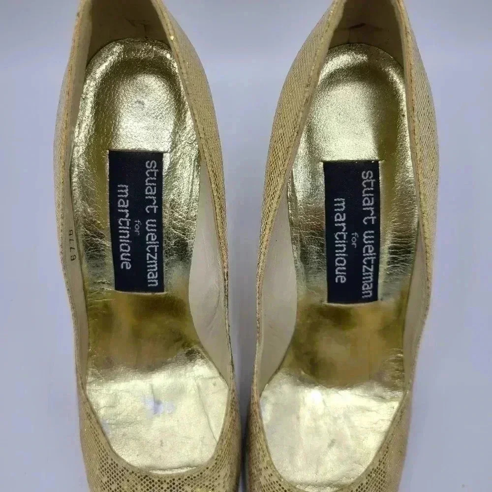 Vintage Stuart Weitzman Martinique Gold Glitter Pointed Toe Stiletto Heels 7.5 - Picture 16 of 16